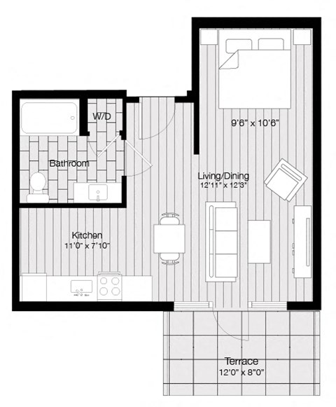 Floor plan for studio, 1 bath, 455 sqft